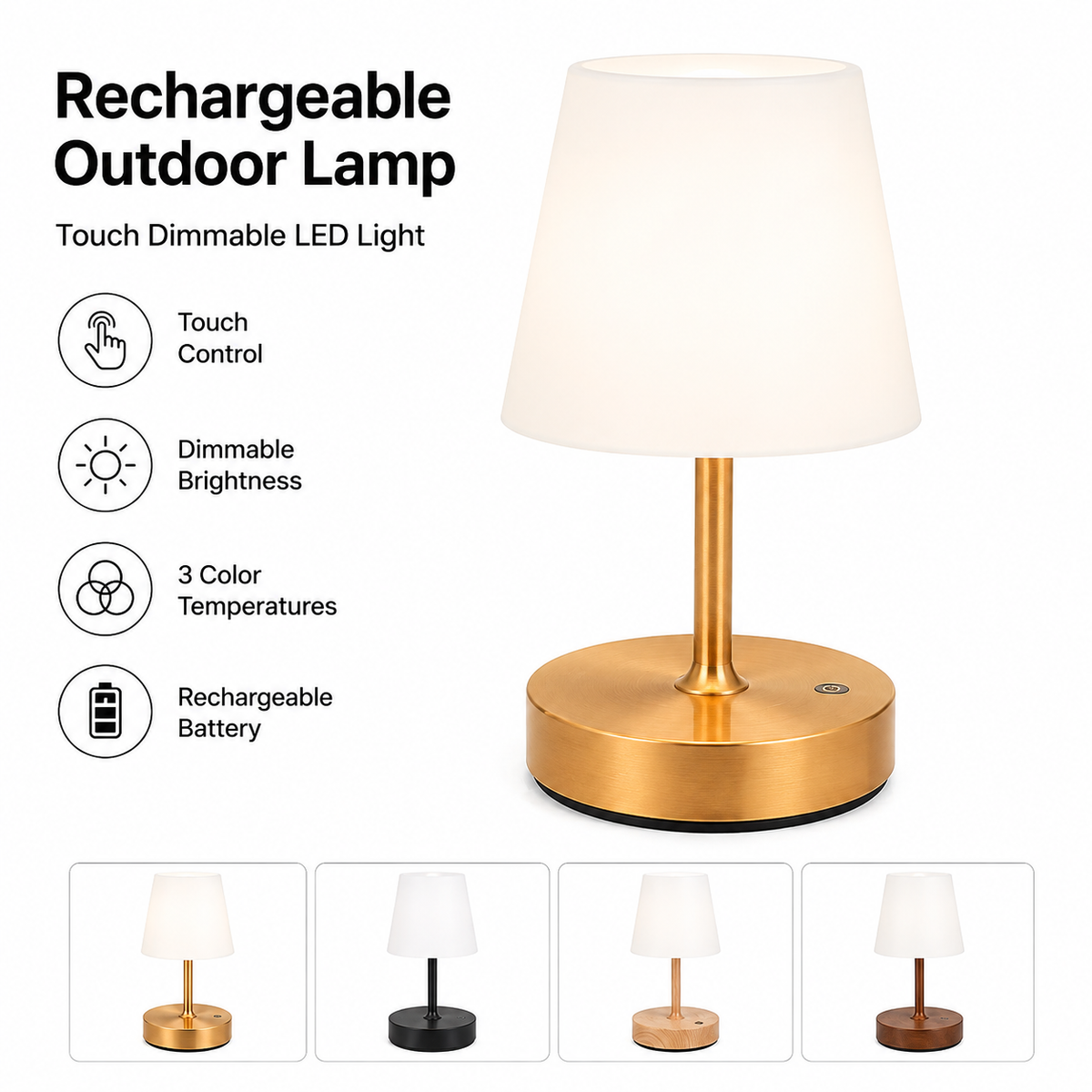 IWASHI  Rechargeable Outdoor Lamp, Touch Dimmable LED Light,3600mAh battery, 3000K warm light with PE shade, portable lamp for bedroom, dining, camping and patio