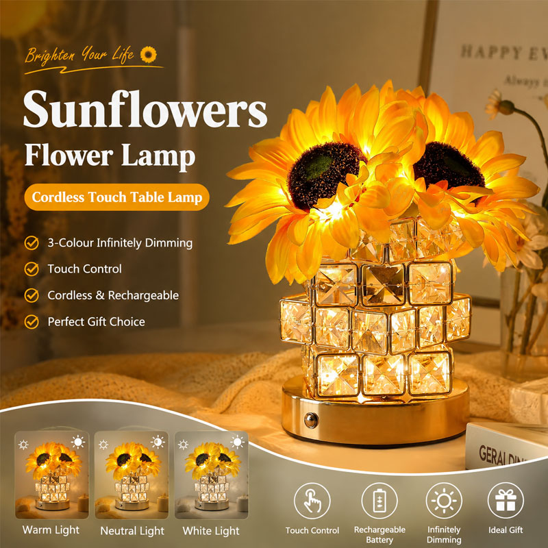 IWASHI Sunflower Flower Lamp, Cordless Rechargeable Lighting with 3-Color Touch Dimming