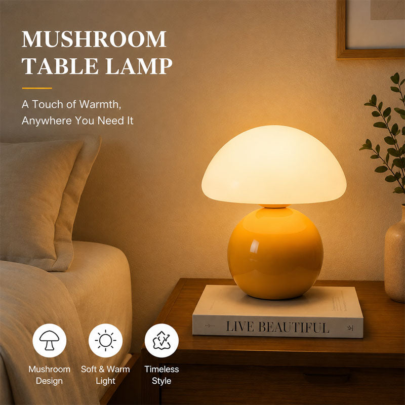 IWASHI Mushroom Lamp Table Lamp for Bedroom-Small Desk Table Lamps, Mid Century Modern Table Lamps for Living Room Bedroom Decor,Cute Ceramic Lamps for Mushroom Home Room Decor,Glass Shade