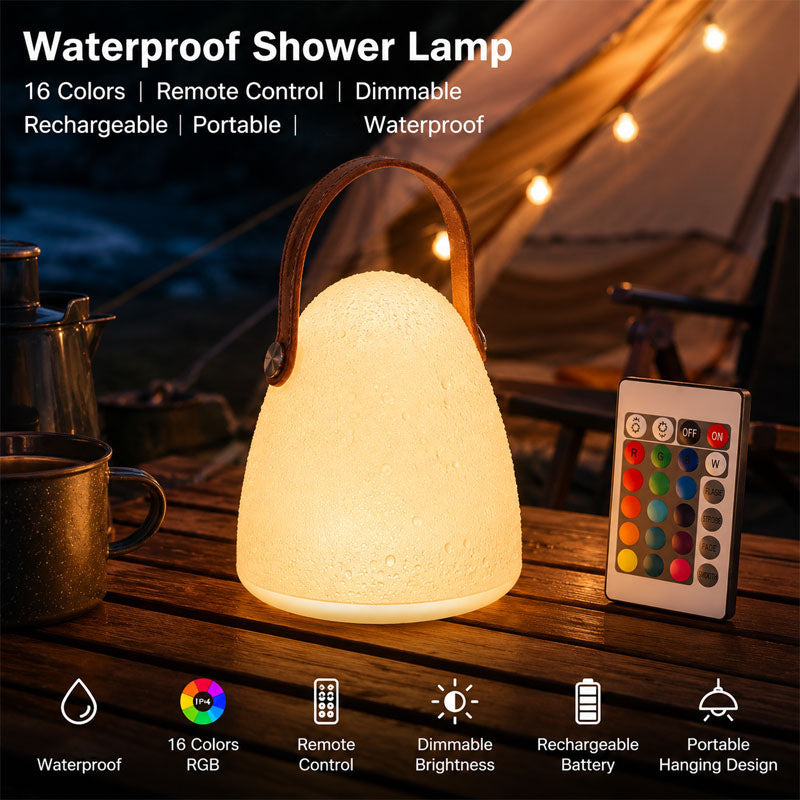 IWASHI Waterproof Shower Lamp, 16-Color RGB Rechargeable Bathroom Light with Remote & Touch Control, Dimmable Cordless Mood Light for Shower, Bedroom, Patio, Camping & Outdoor