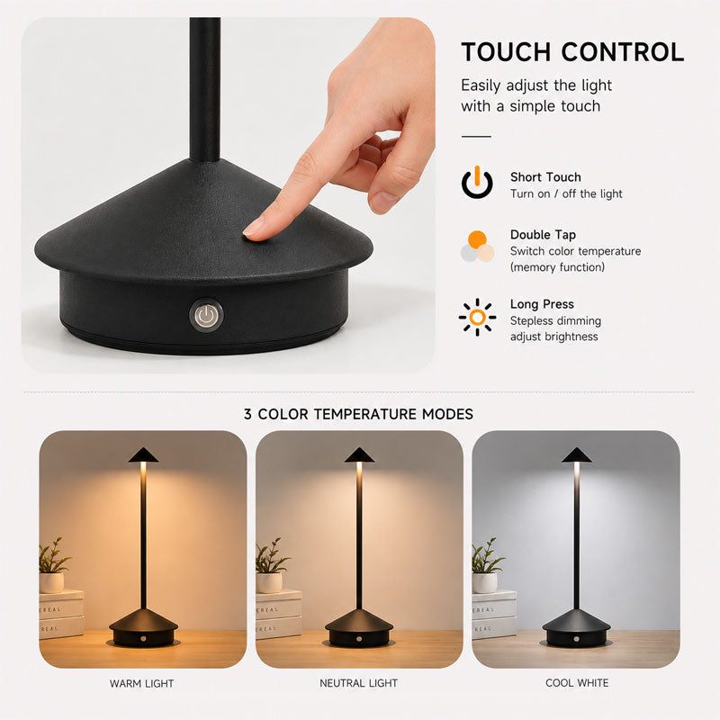 IWASHI Modern Cordless Table Lamp Set of 2, Black Portable LED Desk Lamps , Rechargeable, Battery Operated Lighting for Bedroom, Dining Room, Restaurant, Coffee Shop, Camping, Night Light
