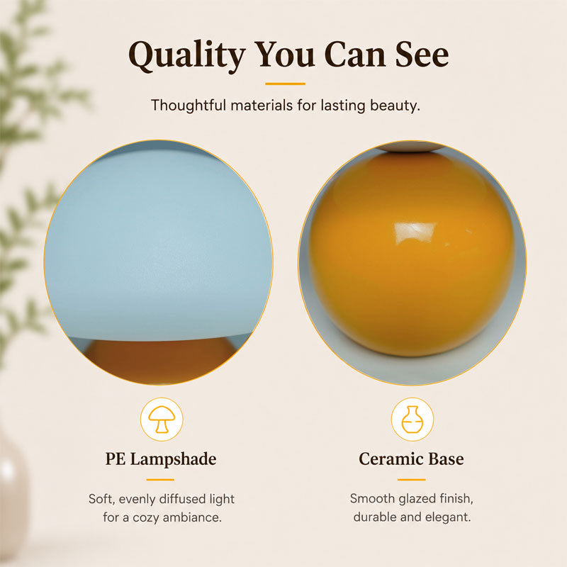 IWASHI Mushroom Lamp Table Lamp for Bedroom-Small Desk Table Lamps, Mid Century Modern Table Lamps for Living Room Bedroom Decor,Cute Ceramic Lamps for Mushroom Home Room Decor,Glass Shade