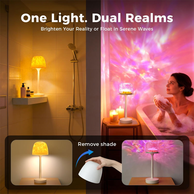 IWASHI Waterproof Shower Lamp Rechargeable LED Ocean Projector Outdoor Table Lamps 16 Color Ocean Wave Projection, Remote & Touch Control, USB-C Rechargeable, Bathroom Bedroom Spa Outdoor Table Lamps