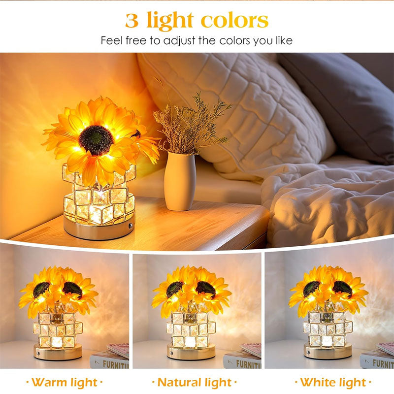 IWASHI Sunflower Flower Lamp, Cordless Touch Table Lamp with 3-Color Dimmable LED Light, Romantic Night Light Home Decor, Birthday Gift for Women