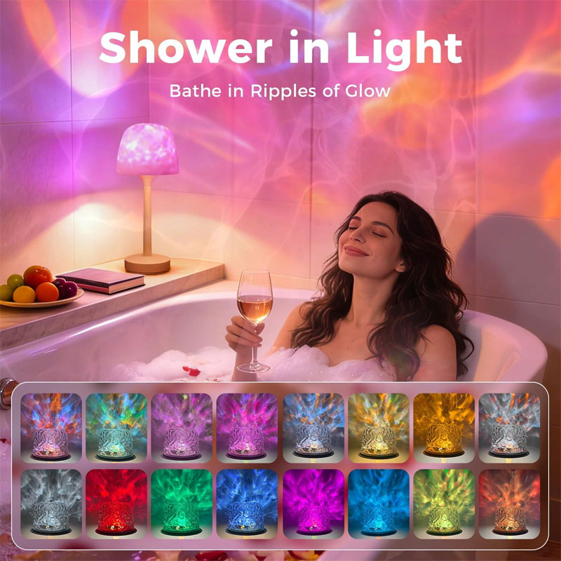 IWASHI Waterproof Shower Lamp Rechargeable LED Ocean Projector Outdoor Table Lamps 16 Color Ocean Wave Projection, Remote & Touch Control, USB-C Rechargeable, Bathroom Bedroom Spa Outdoor Table Lamps
