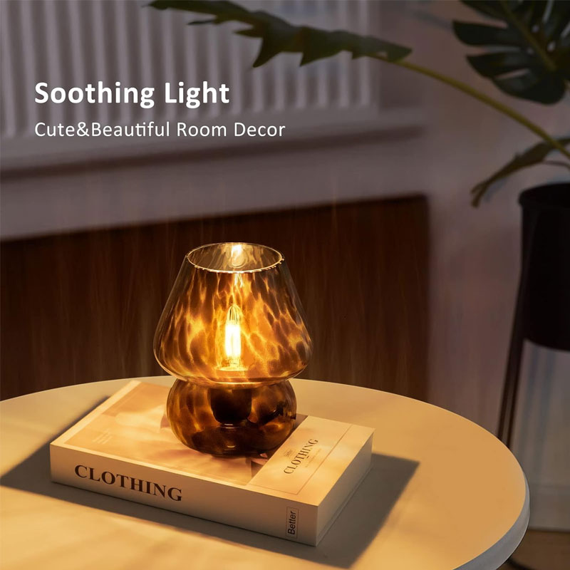 Lámpara de Mesa IWASHI Estilo Murano con Forma de Champiñón, Iluminación Regulable de Cristal para Mesita de Noche en Dormitorio y Sala de Estar