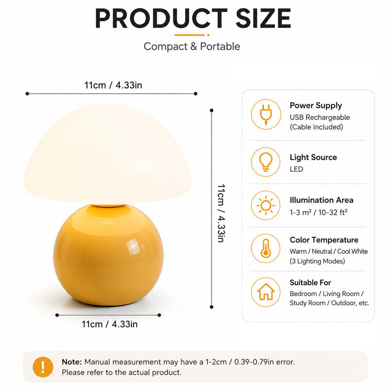 IWASHI Mushroom Lamp Table Lamp for Bedroom-Small Desk Table Lamps, Mid Century Modern Table Lamps for Living Room Bedroom Decor,Cute Ceramic Lamps for Mushroom Home Room Decor,Glass Shade