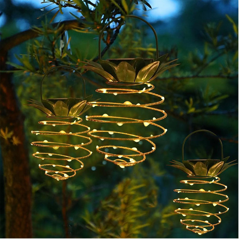 IWASHI 2 Pack Solar Hanging Lanterns, 60 LED Pineapple Lights for Outdoor Garden & Patio Lighting
