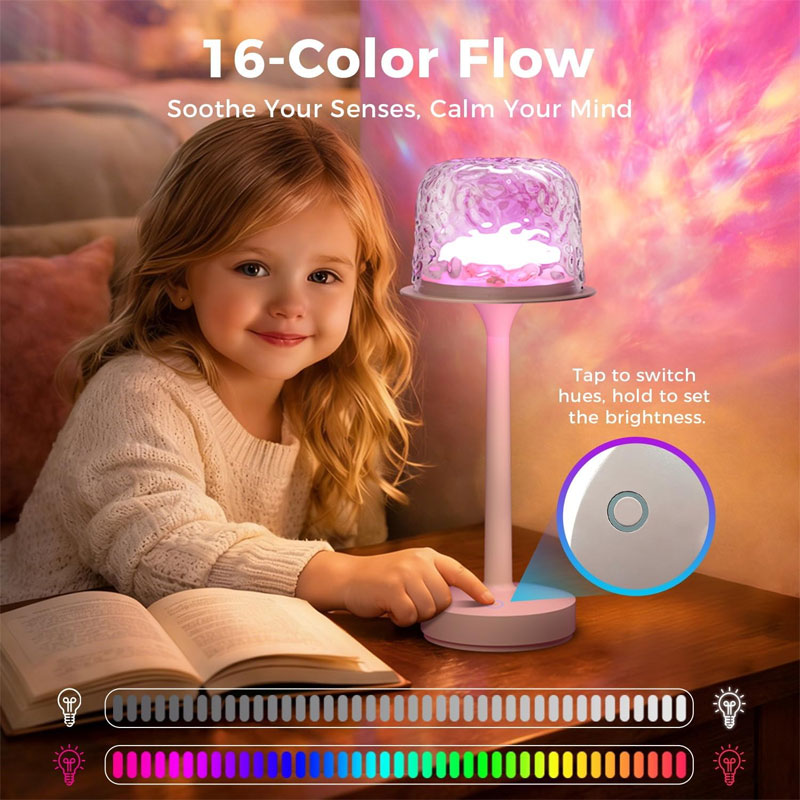 IWASHI Waterproof Shower Lamp Rechargeable LED Ocean Projector Outdoor Table Lamps 16 Color Ocean Wave Projection, Remote & Touch Control, USB-C Rechargeable, Bathroom Bedroom Spa Outdoor Table Lamps