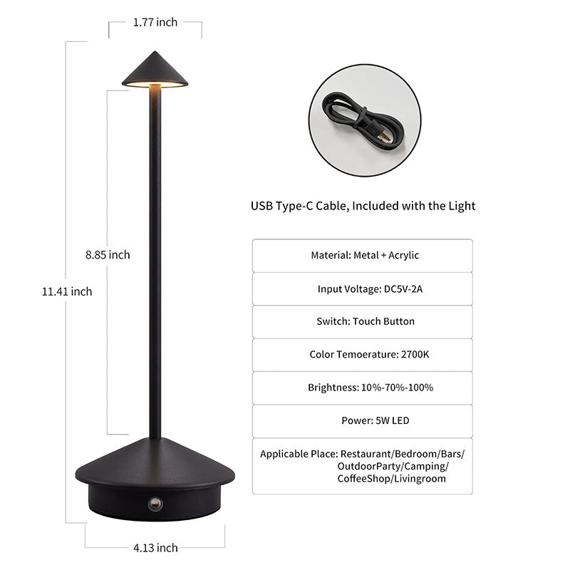 IWASHI Modern Cordless Table Lamp Set of 2, Black Portable LED Desk Lamps , Rechargeable, Battery Operated Lighting for Bedroom, Dining Room, Restaurant, Coffee Shop, Camping, Night Light