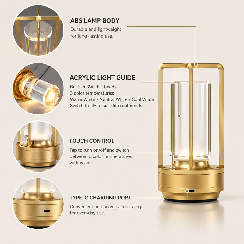 IWASHI Rechargeable Table Lamp, Cordless LED Lighting with 3-Color Stepless Dimming
