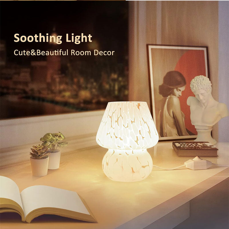 Lámpara de Mesa IWASHI Estilo Murano con Forma de Champiñón, Iluminación Regulable de Cristal para Mesita de Noche en Dormitorio y Sala de Estar