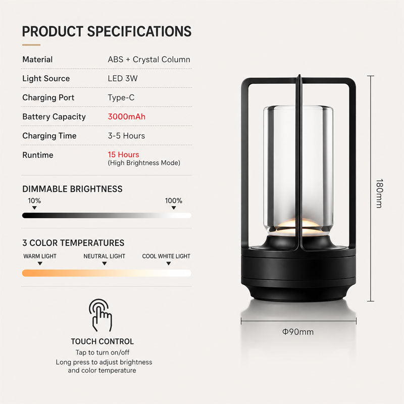 IWASHI Rechargeable Table Lamp, Cordless LED Lighting with 3-Color Stepless Dimming