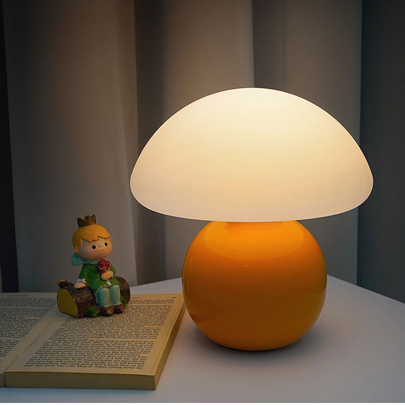 IWASHI Mushroom Lamp Table Lamp for Bedroom-Small Desk Table Lamps, Mid Century Modern Table Lamps for Living Room Bedroom Decor,Cute Ceramic Lamps for Mushroom Home Room Decor,Glass Shade