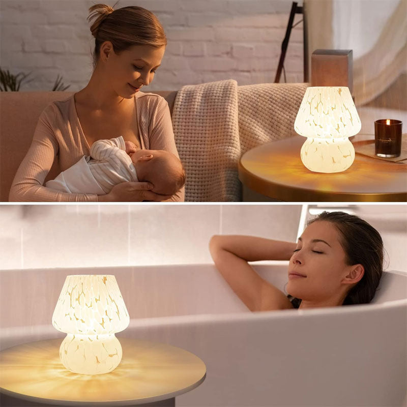 Lámpara de Mesa IWASHI Estilo Murano con Forma de Champiñón, Iluminación Regulable de Cristal para Mesita de Noche en Dormitorio y Sala de Estar