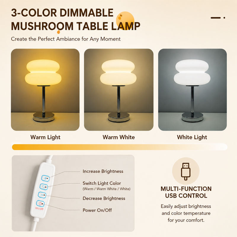IWASHI Mid-Century Mushroom Table Lamp, Vintage Dimmable Lighting for Bedroom