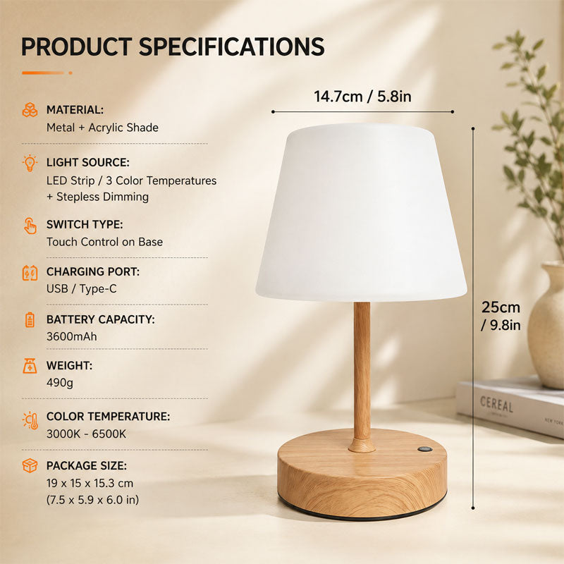 IWASHI  Rechargeable Outdoor Lamp, Touch Dimmable LED Light,3600mAh battery, 3000K warm light with PE shade, portable lamp for bedroom, dining, camping and patio