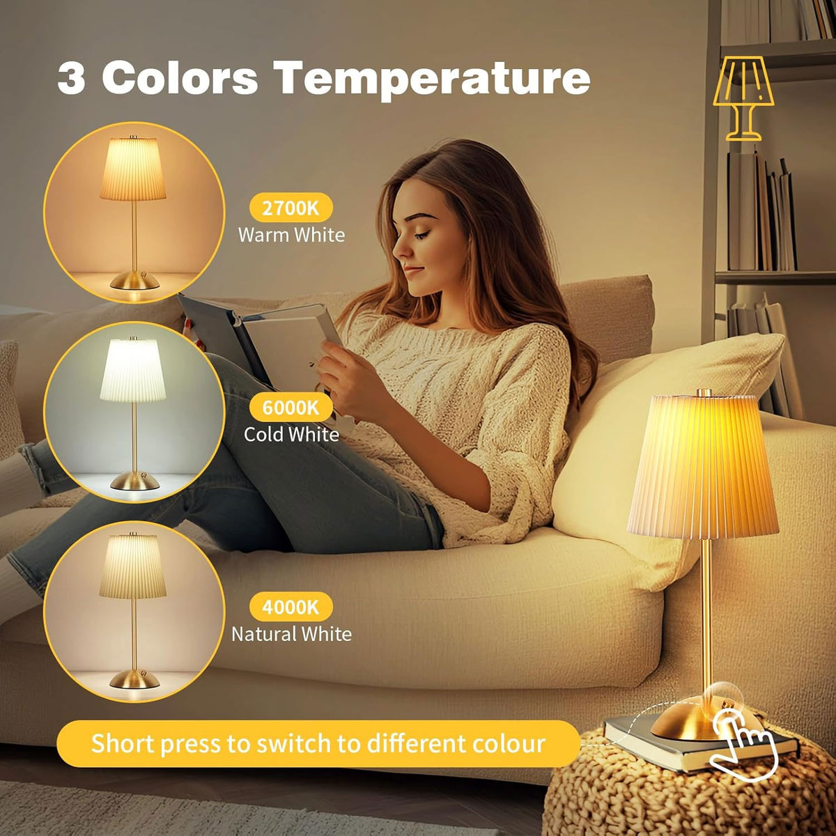 IWASHI Rechargeable Cordless Table Lamp, 3-Color Dimmable Touch Light, Beige Shade Battery Operated Portable, Vintage Ambient Light, for Dining Table, Bedroom, Kitchen, Bar, Bathroom, Entryway,Ideal Home Gift