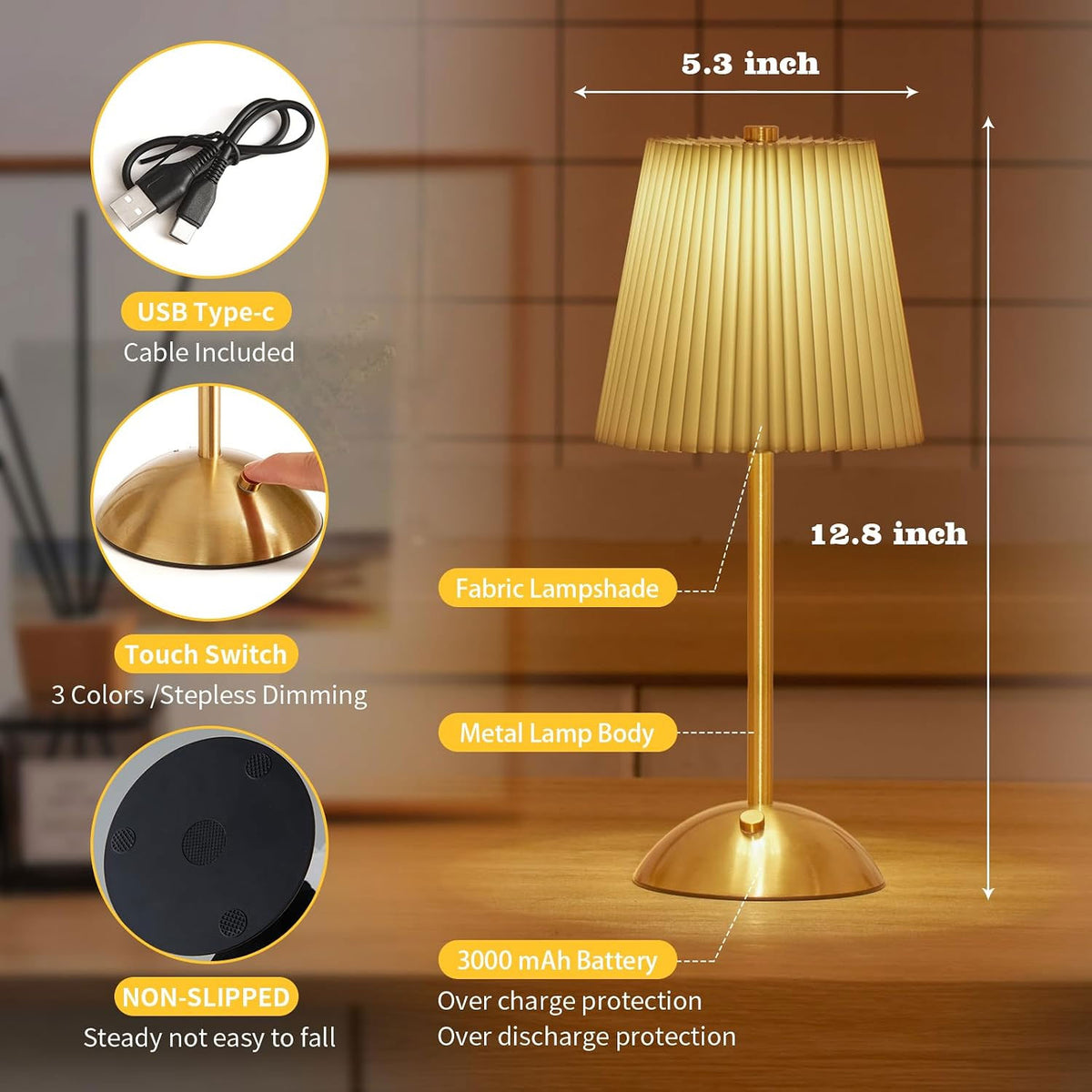 IWASHI Rechargeable Cordless Table Lamp, 3-Color Dimmable Touch Light, Beige Shade Battery Operated Portable, Vintage Ambient Light, for Dining Table, Bedroom, Kitchen, Bar, Bathroom, Entryway,Ideal Home Gift