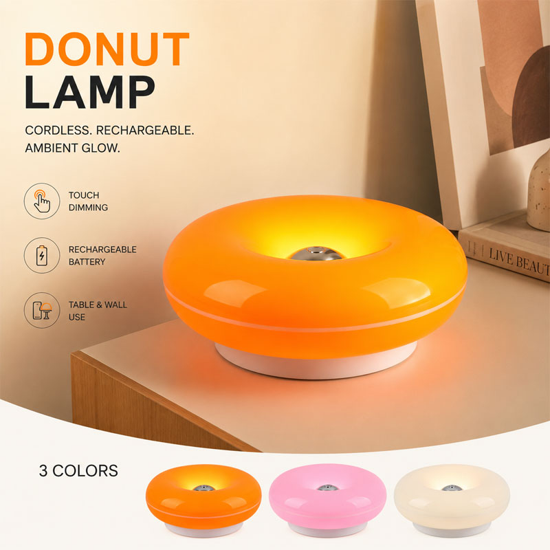 IWASHI Donut Lamp, Cordless Rechargeable Table & Wall Lighting with Touch Dimming and Warm Orange Glow
