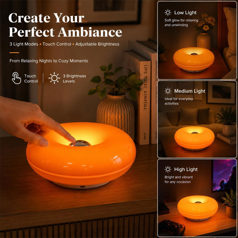 IWASHI Donut Lamp, Cordless Rechargeable Table & Wall Lighting with Touch Dimming and Warm Orange Glow