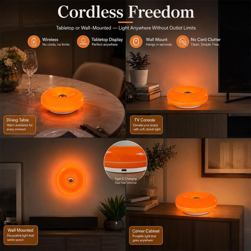 IWASHI Donut Lamp, Cordless Rechargeable Table & Wall Lighting with Touch Dimming and Warm Orange Glow