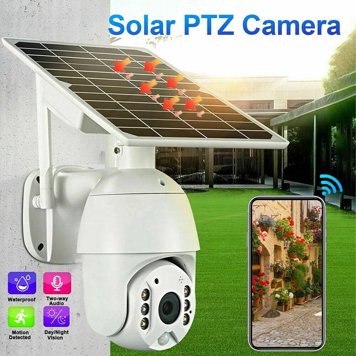 IWASHI Home Security Camera Outdoor Solar Battery Powered Wireless Pan Tilt Spotlight – 1080P HD, 320° PTZ, PIR+Radar Detection, Two-Way Talk, IP66 Waterproof