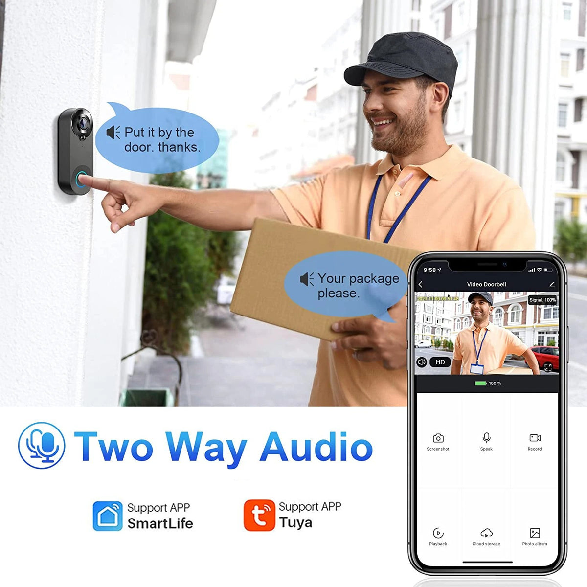 IWASHI 1080P WiFi Video Doorbell Camera, PIR Motion Detection, Two-Way Audio