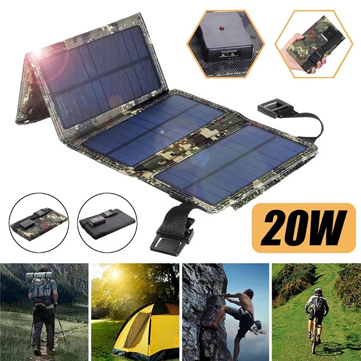 IWASHI Portable Foldable Solar Panel for Travel USB Charger for Phone Power Bank Fan Flashlight