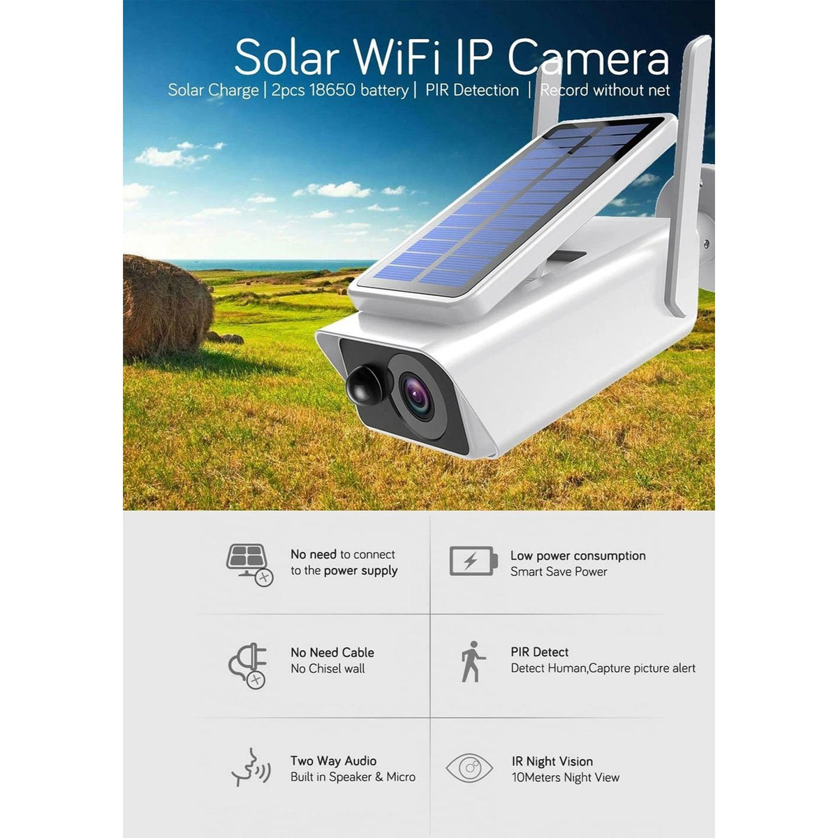 IWASHI Outdoor 1080P HD Solar Security Camera, Wireless WiFi IP Camera with Night Vision, PIR Motion Detection, Two-Way Audio, IP66 Waterproof, Rechargeable Battery Powered, Smart Home Compatible (Icssee App)