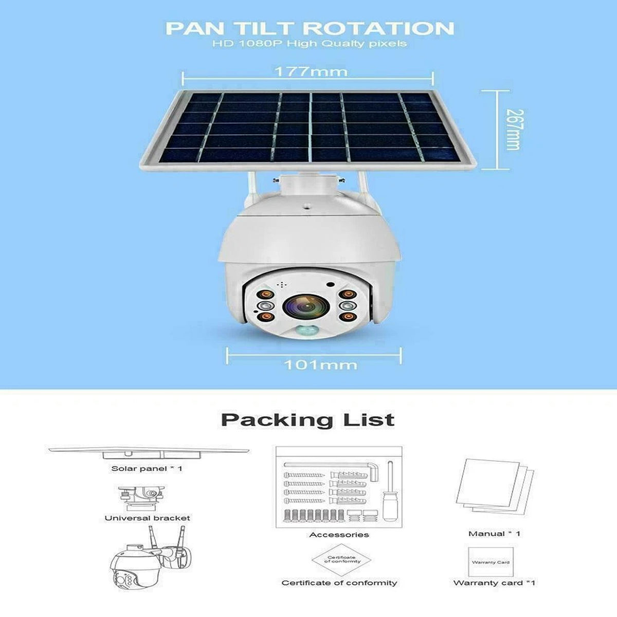 IWASHI Home Security Camera Outdoor Solar Battery Powered Wireless Pan Tilt Spotlight – 1080P HD, 320° PTZ, PIR+Radar Detection, Two-Way Talk, IP66 Waterproof