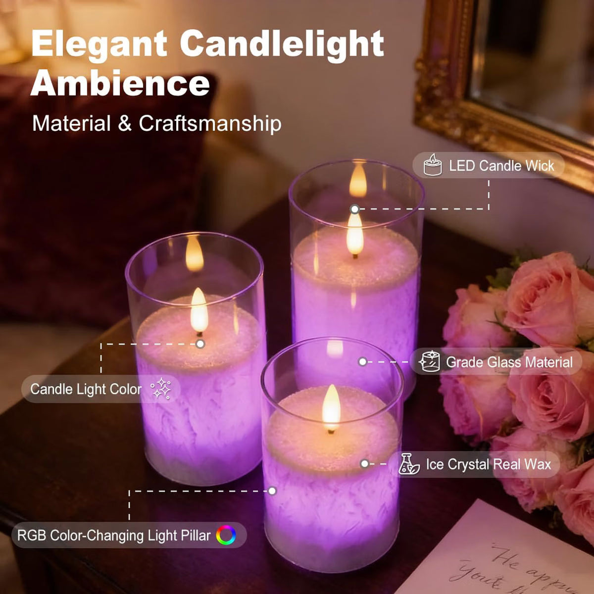 IWASHI 3 Pack Rechargeable Flameless Candles, RGB LED Lighting with Remote & Timer