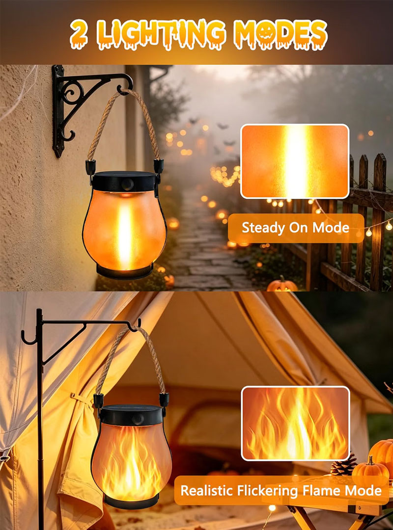 IWASHI Solar Flame Lantern Outdoor Lighting, Hanging, IP65, USB-C, 2 Modes