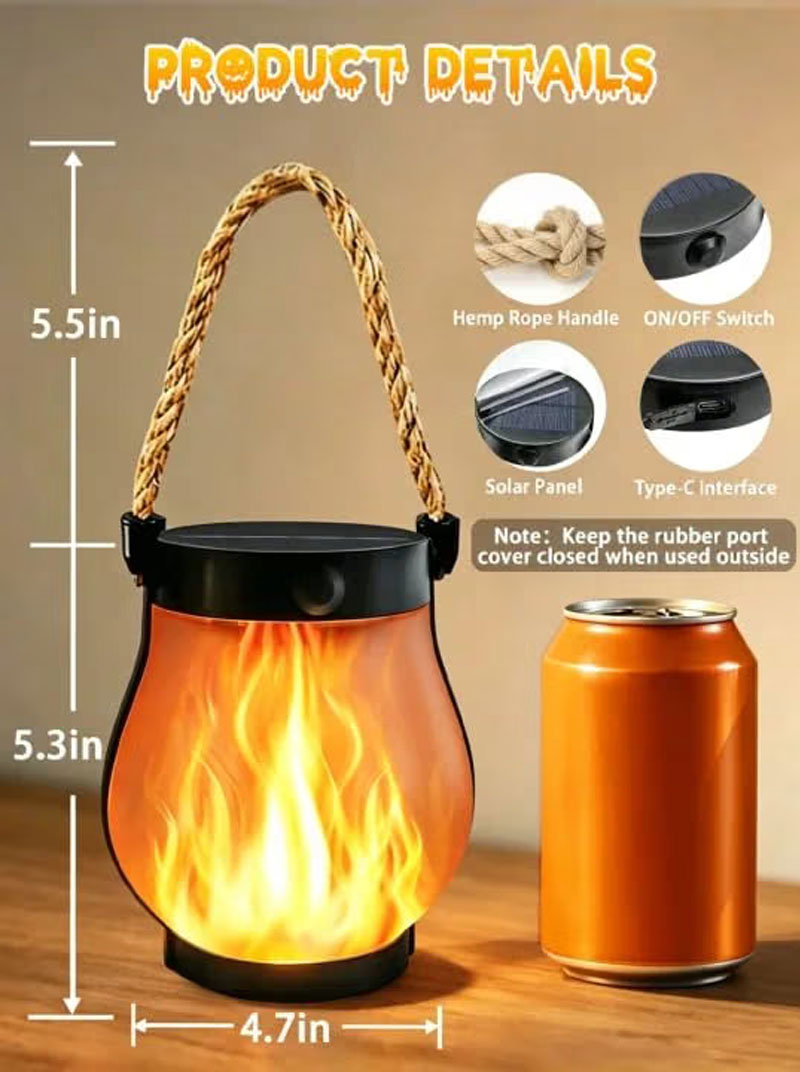 IWASHI Solar Flame Lantern Outdoor Lighting, Hanging, IP65, USB-C, 2 Modes