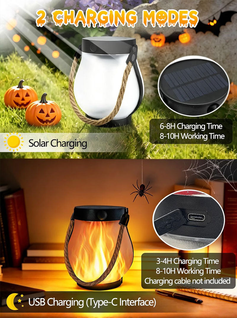 IWASHI Solar Flame Lantern Outdoor Lighting, Hanging, IP65, USB-C, 2 Modes