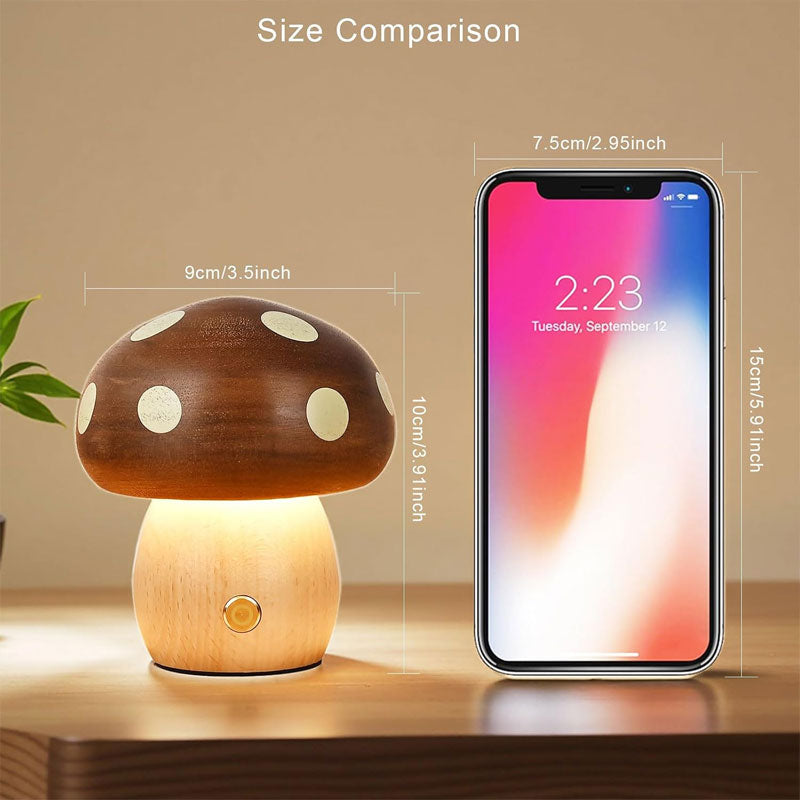 IWASHI Wood Mushroom Table Lamp, Rechargeable Cordless Bedside Lighting with Touch Control for Nursery & Bedroom