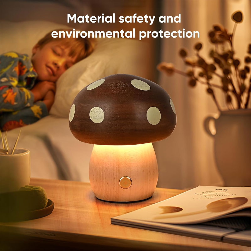 IWASHI Wood Mushroom Table Lamp, Rechargeable Cordless Bedside Lighting with Touch Control for Nursery & Bedroom