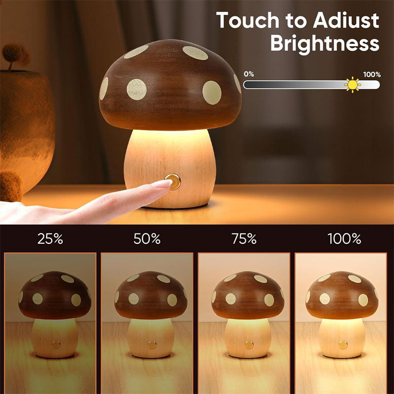 IWASHI Wood Mushroom Table Lamp, Rechargeable Cordless Bedside Lighting with Touch Control for Nursery & Bedroom