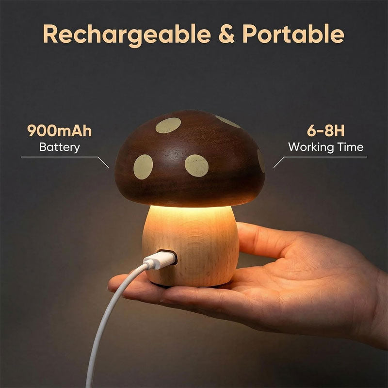 IWASHI Wood Mushroom Table Lamp, Rechargeable Cordless Bedside Lighting with Touch Control for Nursery & Bedroom