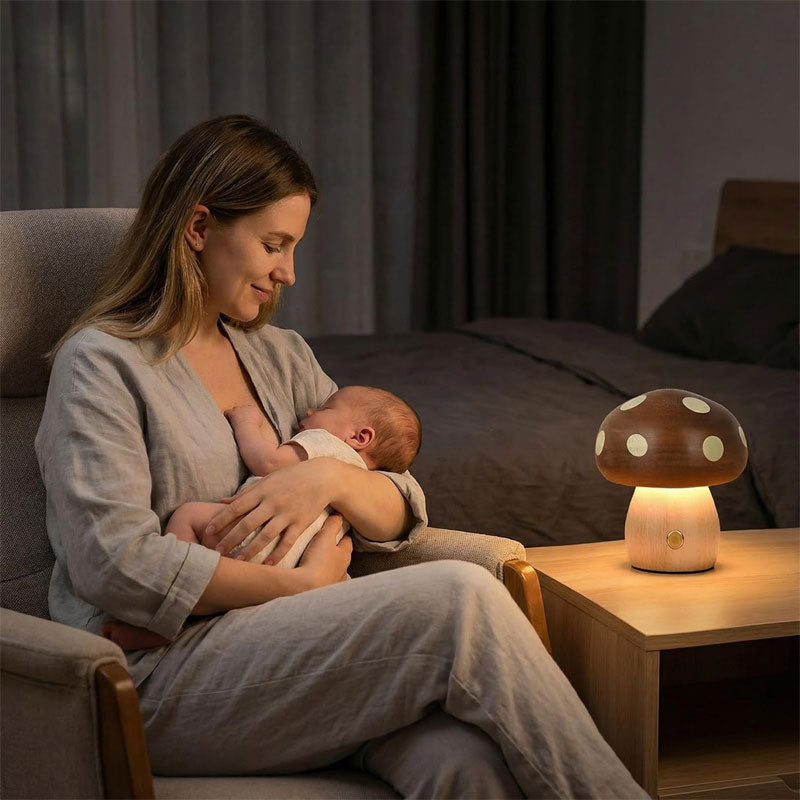 IWASHI Wood Mushroom Table Lamp, Rechargeable Cordless Bedside Lighting with Touch Control for Nursery & Bedroom