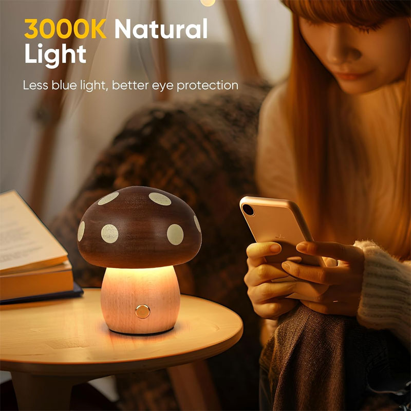 IWASHI Wood Mushroom Table Lamp, Rechargeable Cordless Bedside Lighting with Touch Control for Nursery & Bedroom