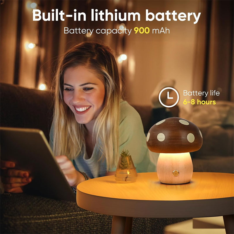 IWASHI Wood Mushroom Table Lamp, Rechargeable Cordless Bedside Lighting with Touch Control for Nursery & Bedroom