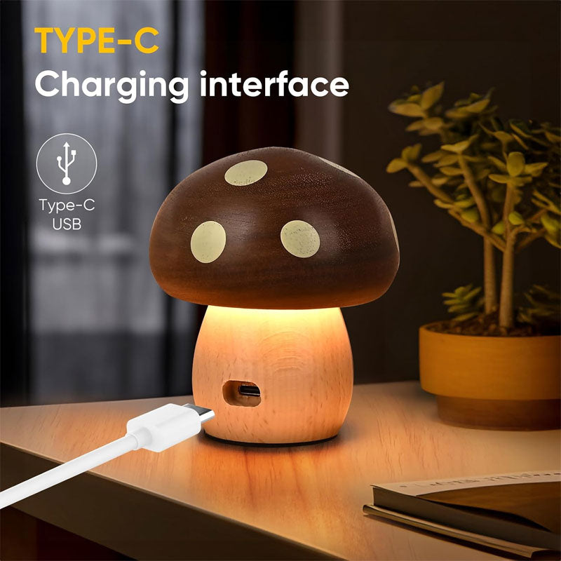 IWASHI Wood Mushroom Table Lamp, Rechargeable Cordless Bedside Lighting with Touch Control for Nursery & Bedroom